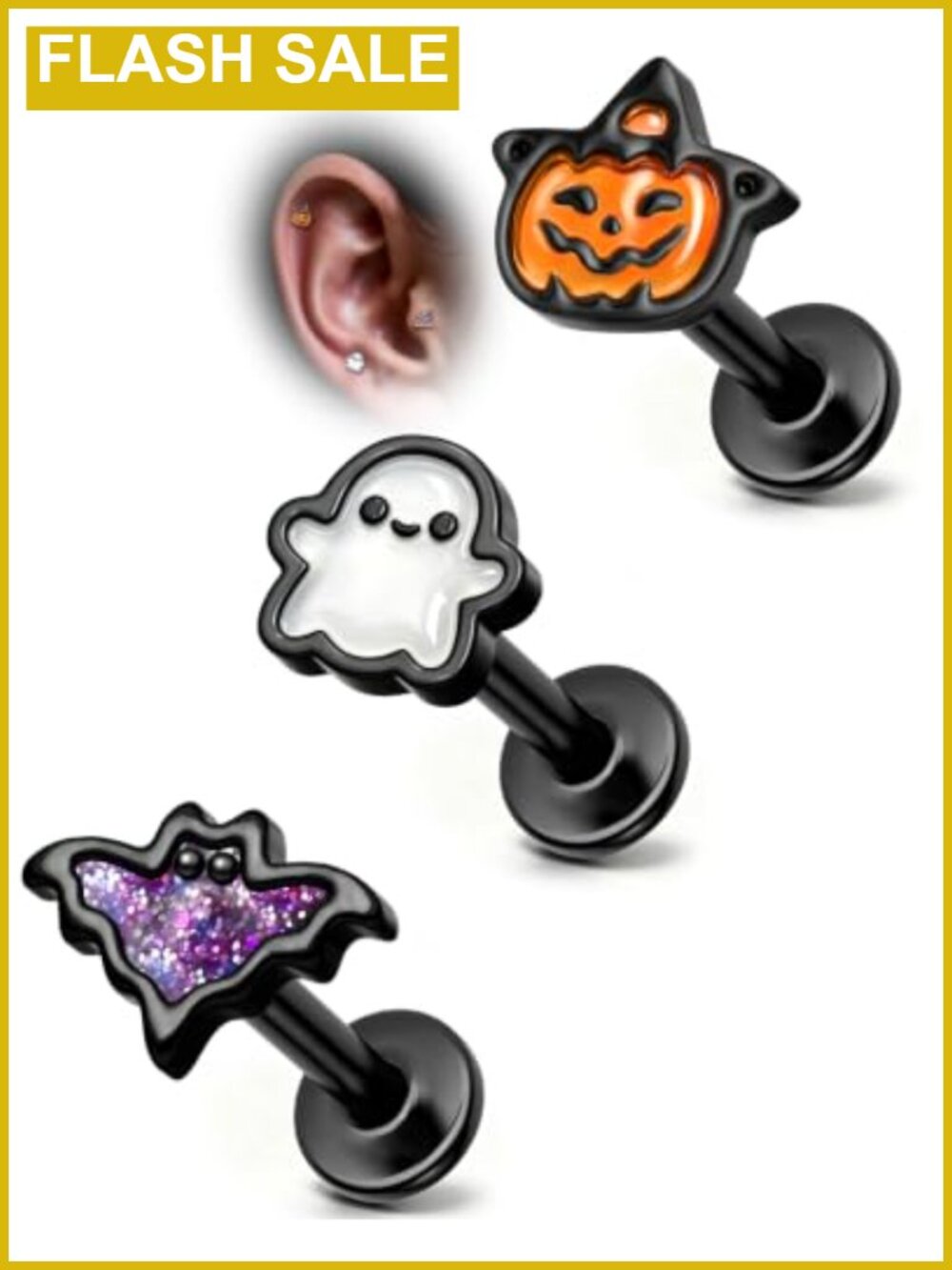 3PCS Halloween Cartilage Earrings 16G 6mm Stainless Steel Studs